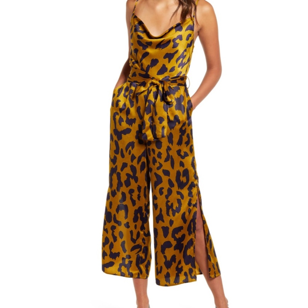 Moon River Leopard Wide Leg Crop Satin Jumpsuit